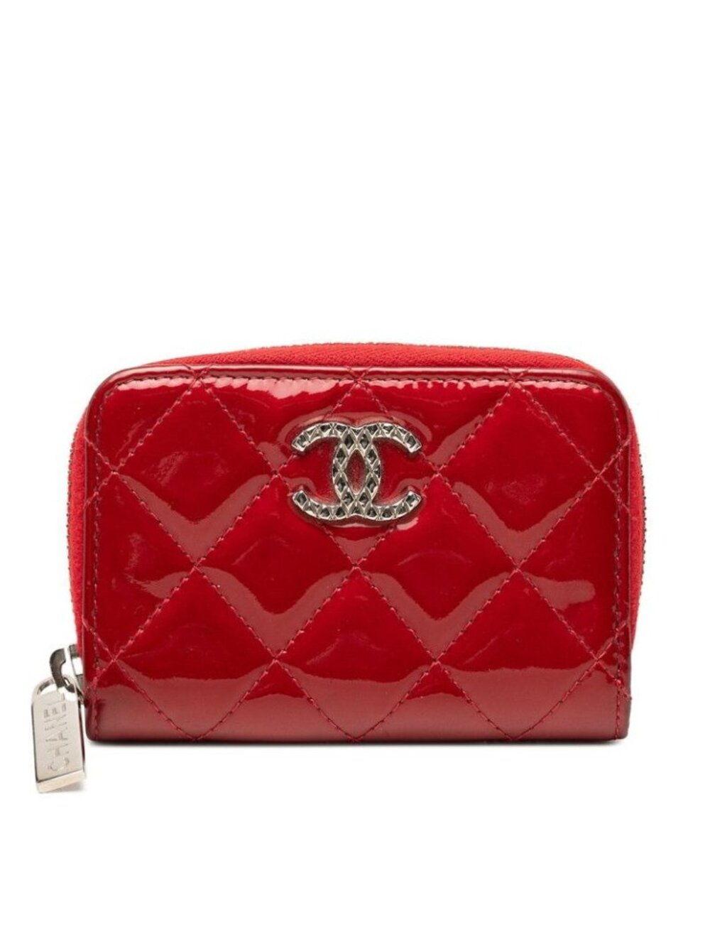 Chanel CC Logo Quilted Zip Around Coin Purse Red Patent Leather